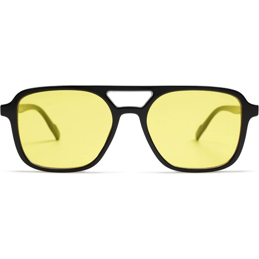 Women's Black Yellow Trendy Rectangle Retro Aviator Sunglasses Elegant Frame - Picture 2 of 6